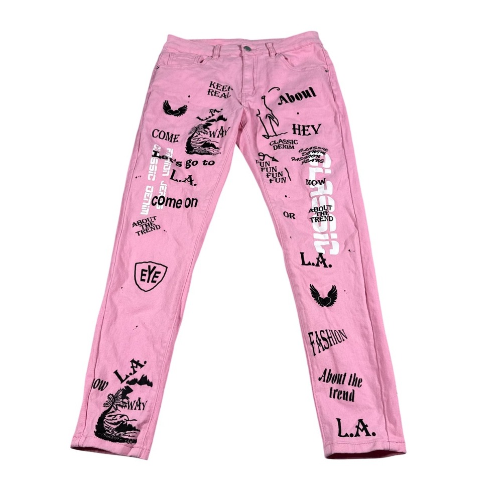 Manfinity Mens Pink Graphic Print Jeans L.A. Fashion Streetwear Slim Fit Small